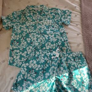 The Company Store Women’s Pajama Set - Teal and White Floral